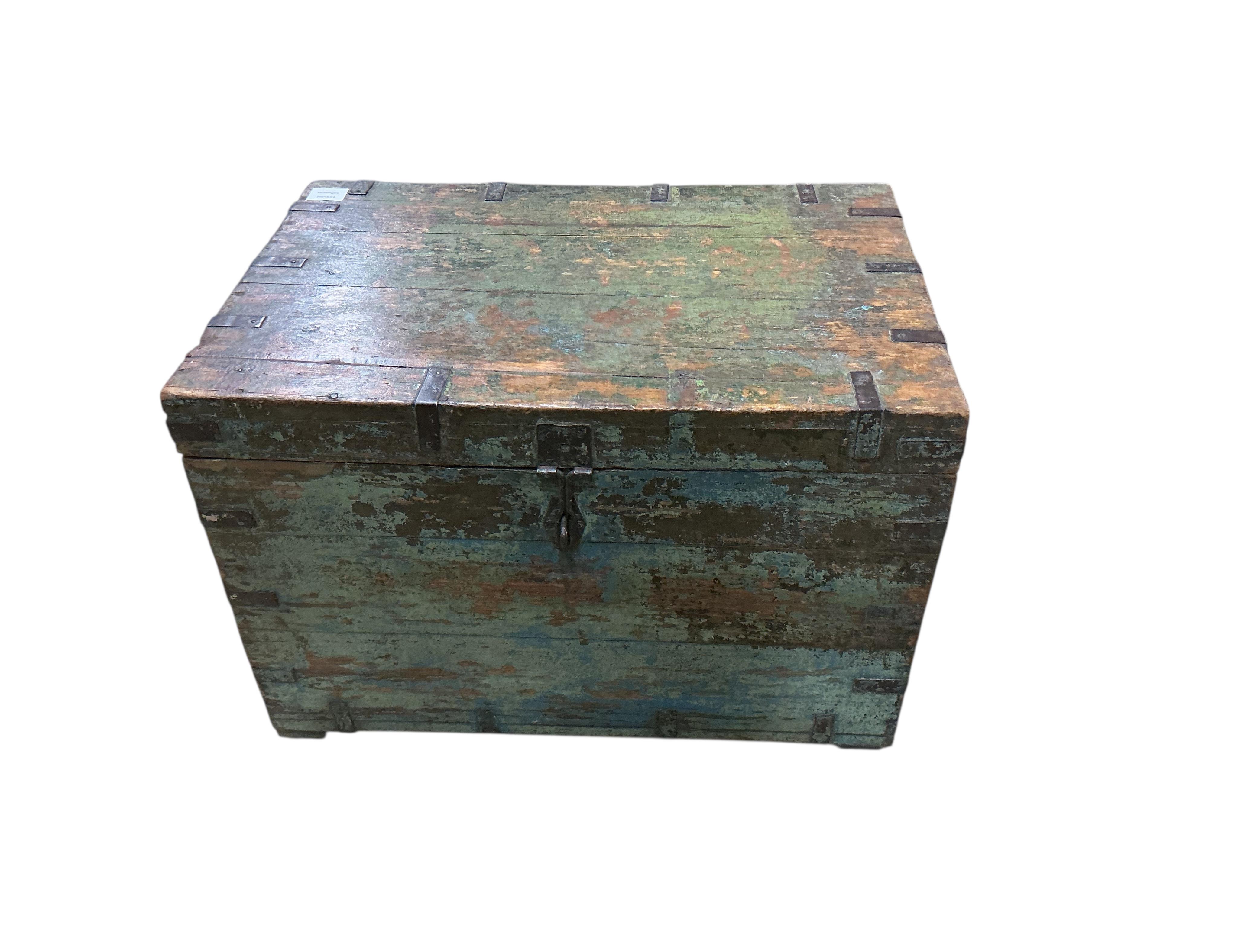 A painted iron bound hardwood trunk, width 66cm, depth 44cm, height 47cm together with two small boxes